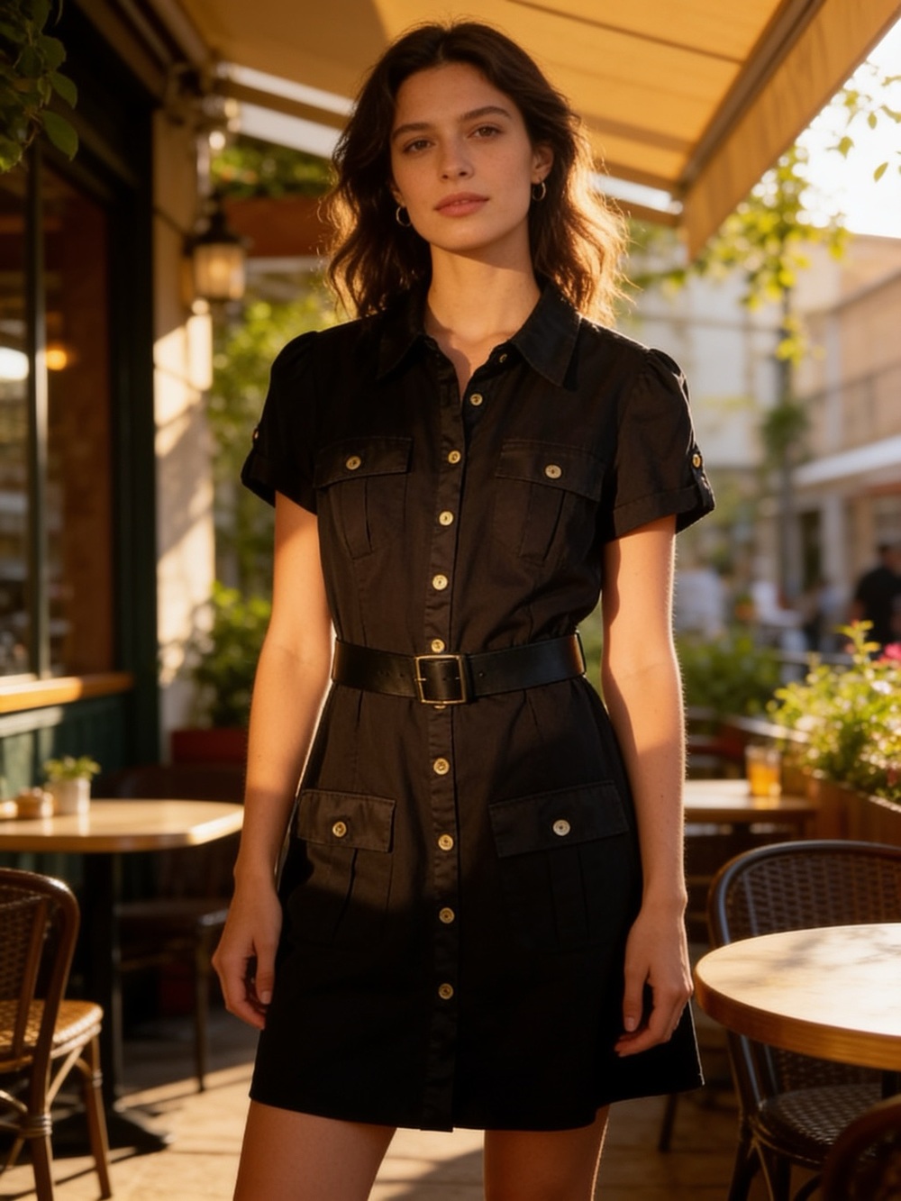 Black Button-Up Dress with Belt
